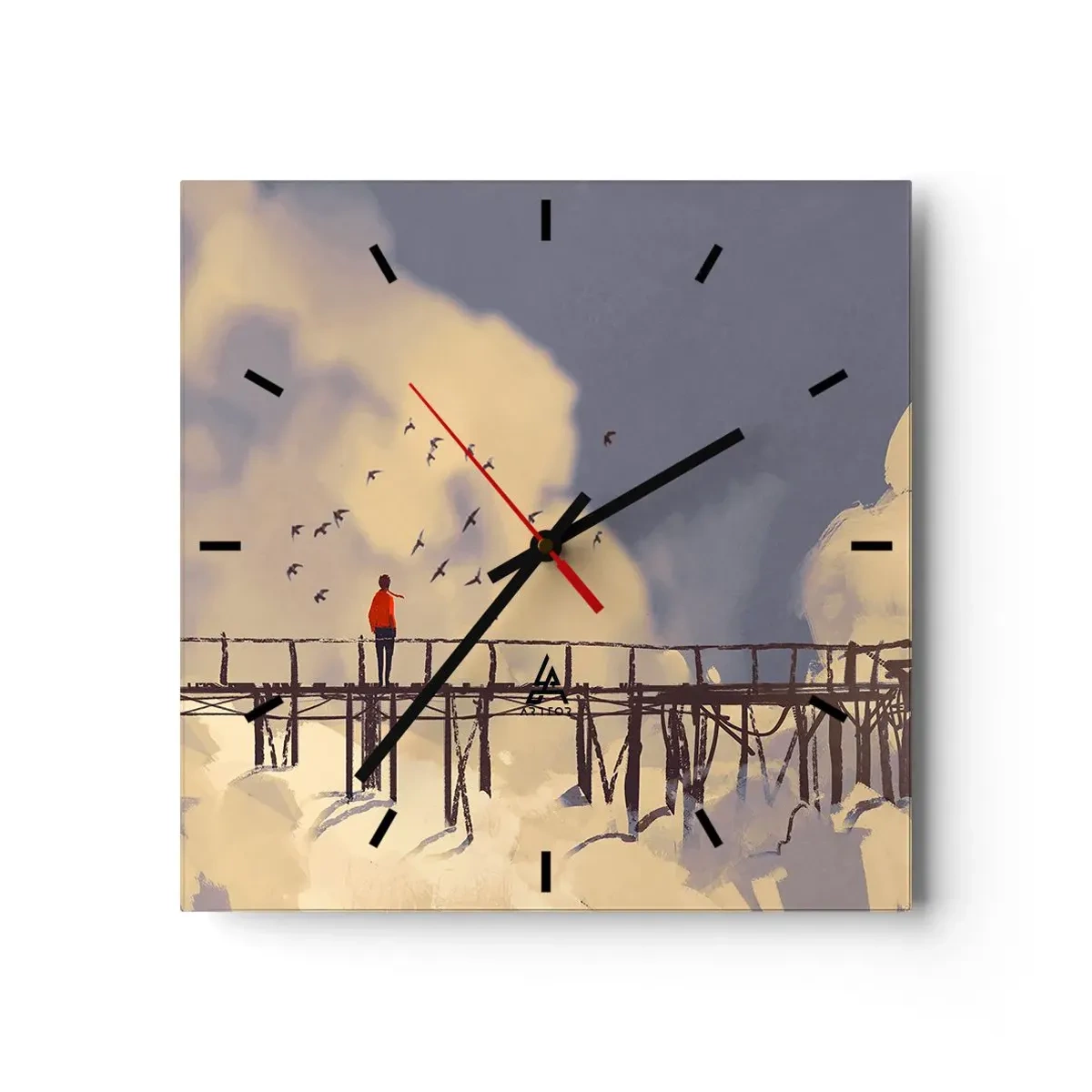 Horloge murale - Pendule murale - Une silhouette sur un pont parmi les nuages avec des oiseaux dans le ciel - 30x30cm - Bleu nostalgie - Décoration murale moderne pour le salon et la chambre ARTTOR