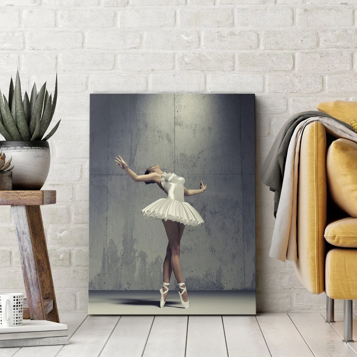 Impression sur toile - Image sur toile - Une danseuse de ballet en robe blanche contre un mur brut. - 70x100cm - Léger comme un oiseau - Décoration murale moderne pour le salon et la chambre ARTTOR