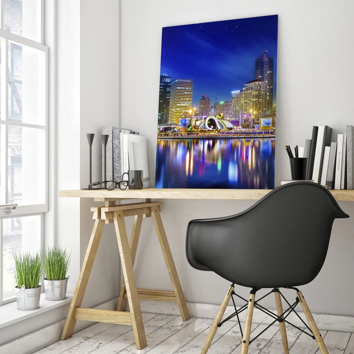 Impression sur verre - Image sur verre - Panorama de la ville la nuit avec les lumières se reflétant dans l'eau - 50x70cm - Nuit arc-en-ciel de la métropole - Décoration murale moderne pour le salon et la chambre ARTTOR