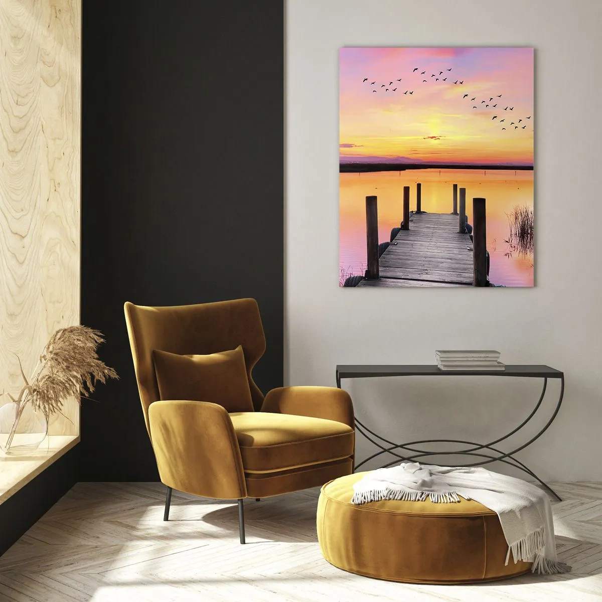 Impression sur verre - Image sur verre - Une jetée sur un lac au coucher du soleil avec des oiseaux dans le ciel - 80x120cm - Aube silencieuse violette - Décoration murale moderne pour le salon et la chambre ARTTOR