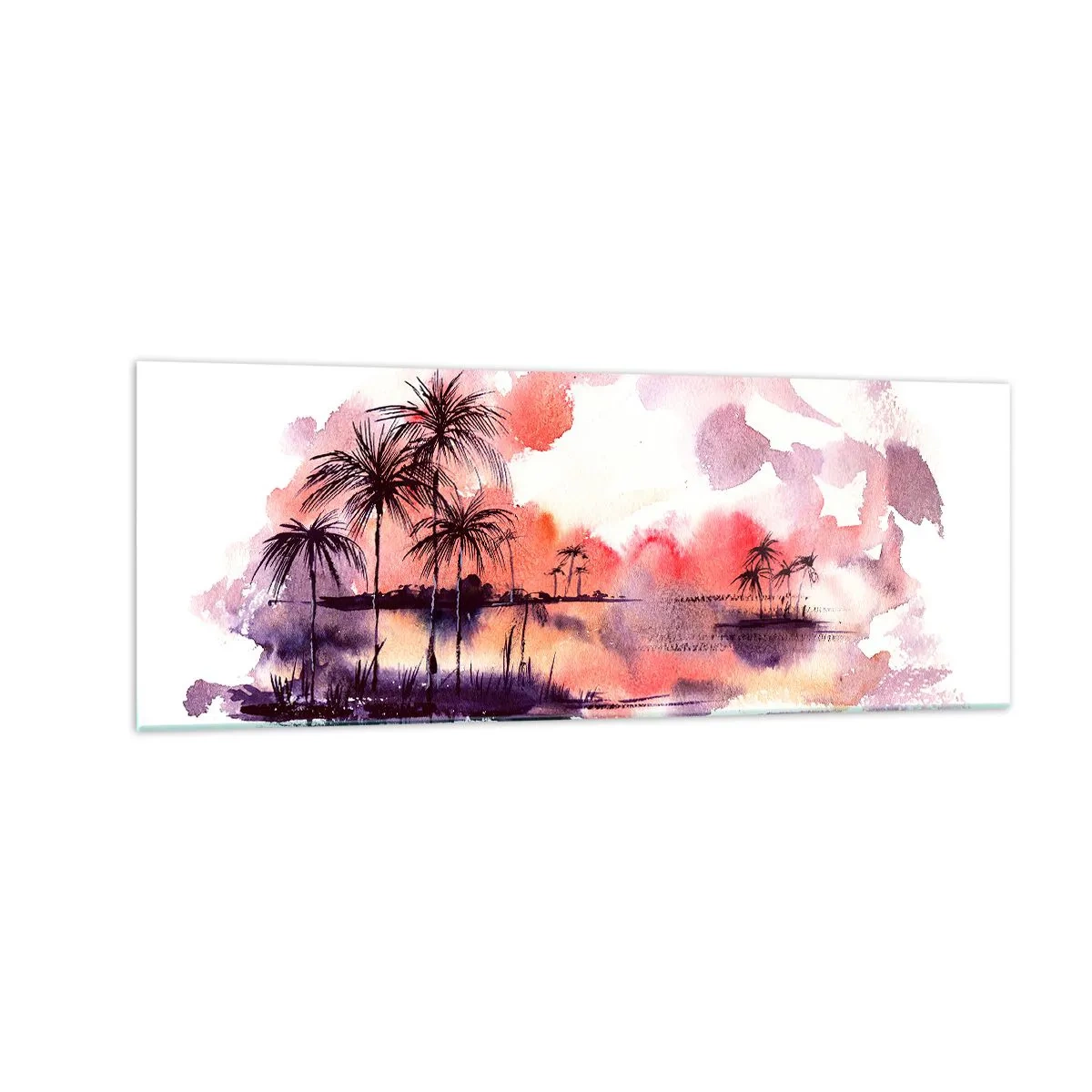 Impression sur verre - Image sur verre - Paysage tropical avec palmiers au coucher du soleil à l'aquarelle - 140x50cm - La tranquillité des tropiques en rouge - Décoration murale moderne pour le salon et la chambre ARTTOR
