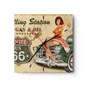 Horloge murale - Pendule murale - Affiche rétro de la Route 66 avec une pin-up et une voiture - 30x30cm - Les superbes années 40. - Décoration murale moderne pour le salon et la chambre ARTTOR