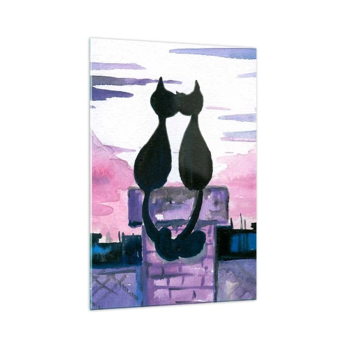 Impression sur verre - Image sur verre - Chats noirs sur un toit au clair de lune dans un décor aquarelle - 70x100cm - Rendez-vous sous la lune - Décoration murale moderne pour le salon et la chambre ARTTOR