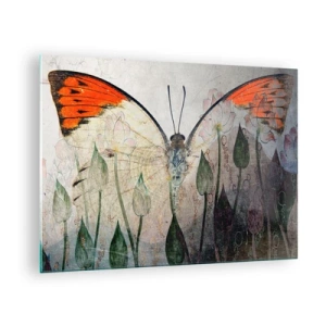 Impression sur verre - Image sur verre - Un papillon artistique entouré de fleurs délicates sur fond gris. - 70x50cm - "Où est le papillon qui se balance sur l'herbe" - Décoration murale moderne pour le salon et la chambre ARTTOR