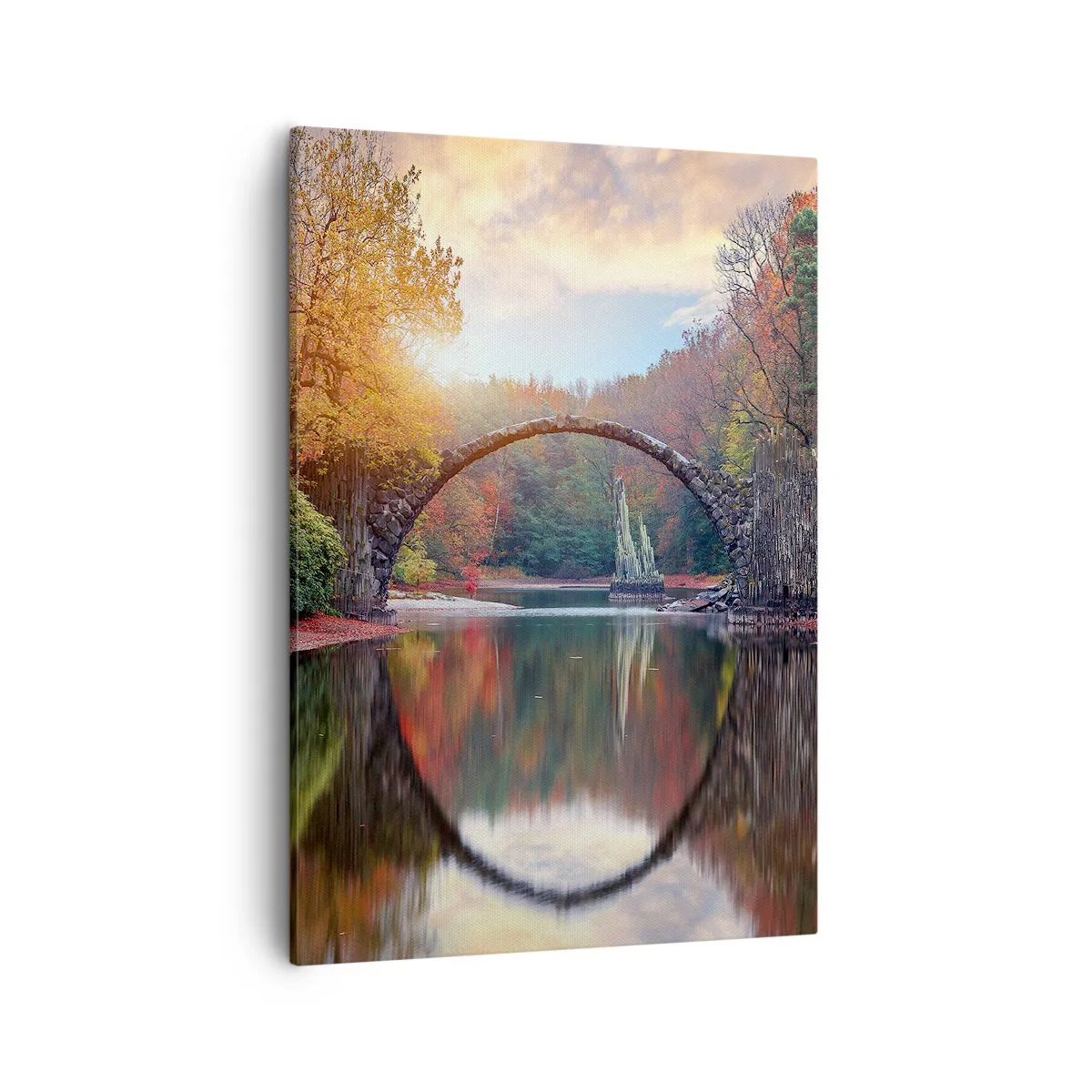 Impression sur toile - Image sur toile - Un pont de pierre dans un paysage d'automne sur une eau calme - 50x70cm - De l'autre cote du miroir - Décoration murale moderne pour le salon et la chambre ARTTOR