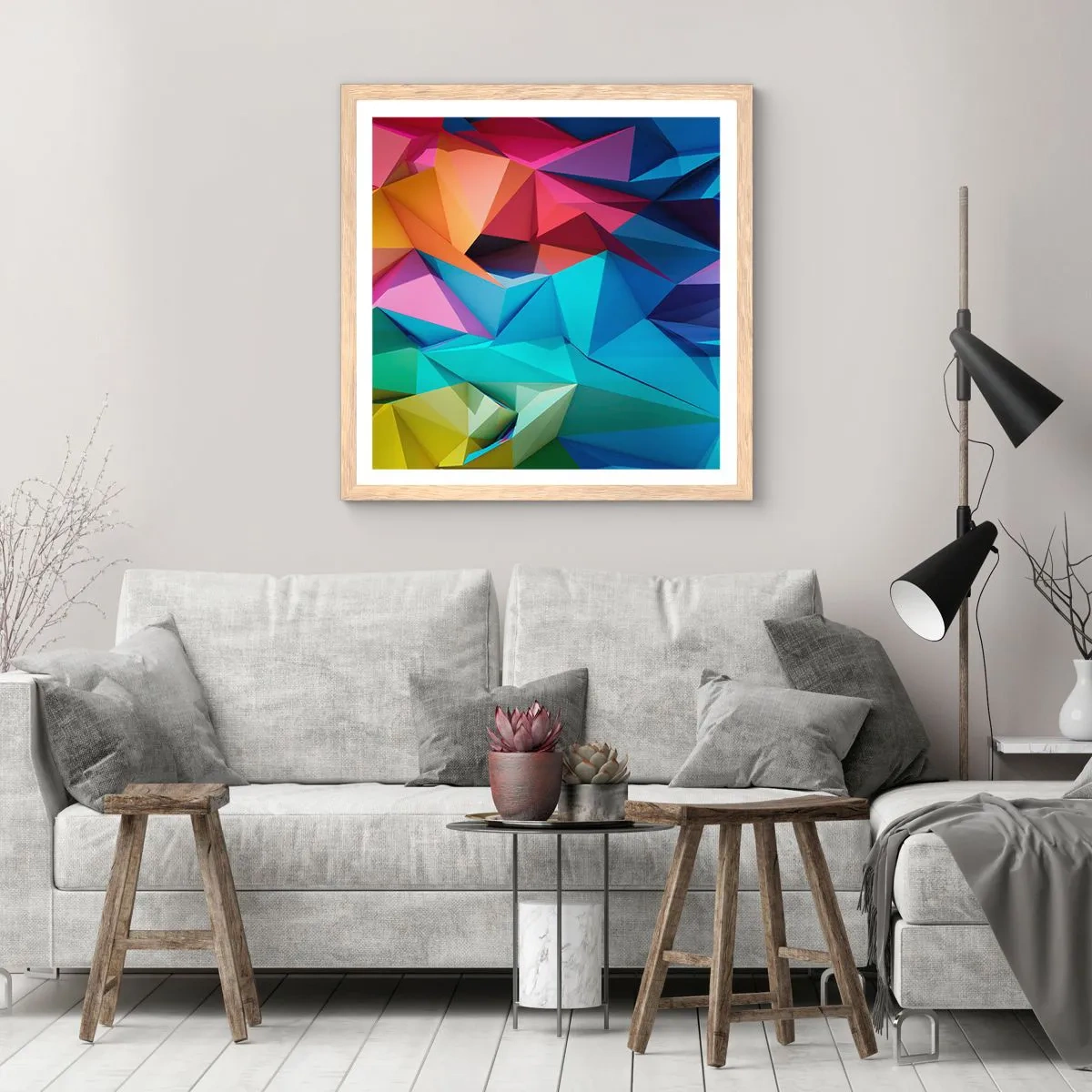 Affiche dans un chêne clair - Poster - Origami arc-en-ciel - 60x60 cm