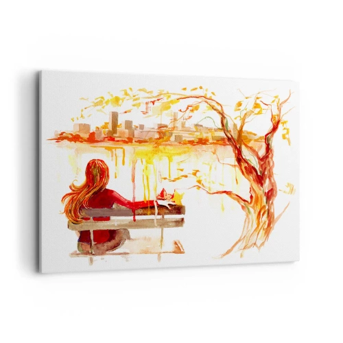 Impression sur toile - Image sur toile - Scène à l'aquarelle d'une femme sur un banc surplombant la ville - 100x70cm - Un moment de réflexion - Décoration murale moderne pour le salon et la chambre ARTTOR
