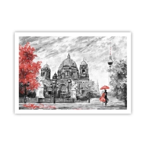 Affiche - Poster - Scène en noir et blanc avec Berlin, un parapluie rouge et un arbre - 100x70cm - Rencontre berlinoise - Décoration murale moderne pour le salon et la chambre ARTTOR