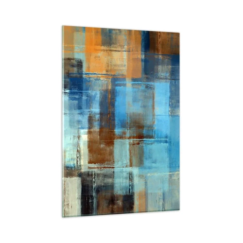 Impression sur verre - Image sur verre - Composition géométrique abstraite dans les tons de bleu et de marron - 80x120cm - A travers le voile bleu - Décoration murale moderne pour le salon et la chambre ARTTOR