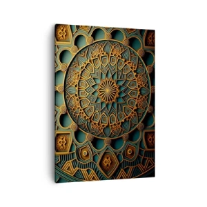 Impression sur toile - Image sur toile - Un mandala doré sur fond turquoise avec des détails riches. - 50x70cm - Dans une ambiance arabe - Décoration murale moderne pour le salon et la chambre ARTTOR