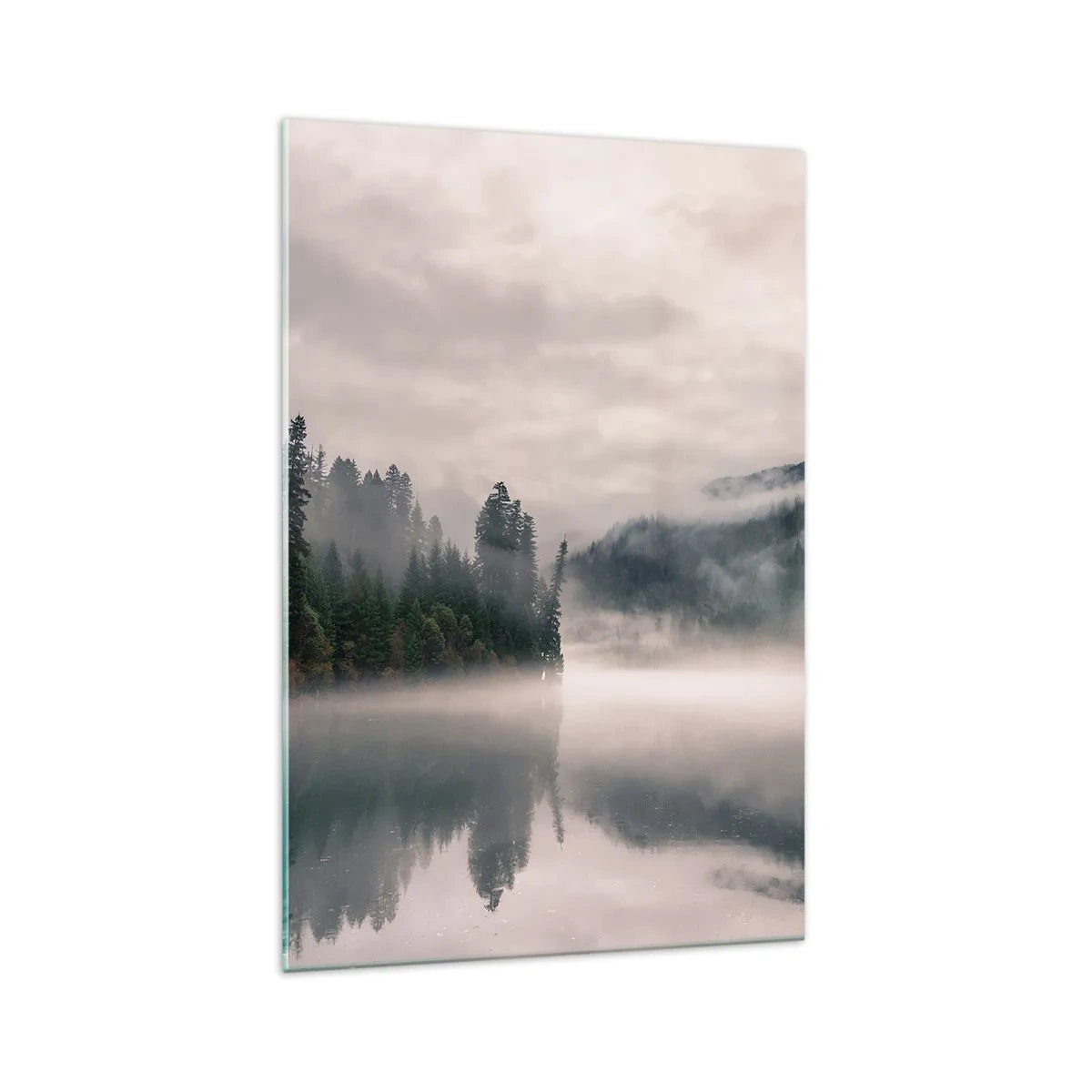 Impression sur verre - Image sur verre - Une forêt brumeuse se reflétant dans un lac calme - 70x100cm - Reflet dans le brouillard - Décoration murale moderne pour le salon et la chambre ARTTOR