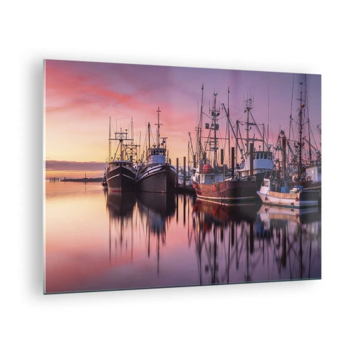 Impression sur verre - Image sur verre - Bateaux de pêche au coucher du soleil dans un port tranquille - 70x50cm - Avant le jour suivant - Décoration murale moderne pour le salon et la chambre ARTTOR