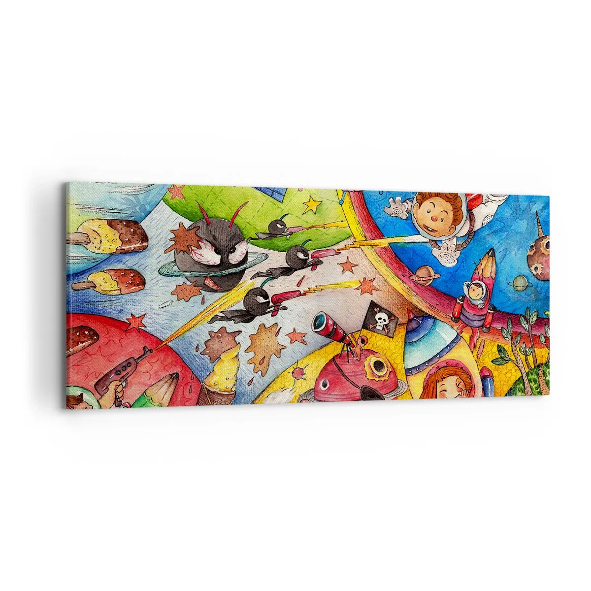 Impression sur toile - Image sur toile - Une scène spatiale colorée pleine d'enfants et de vaisseaux spatiaux - 120x50cm - Grande aventure spatiale - Décoration murale moderne pour le salon et la chambre ARTTOR