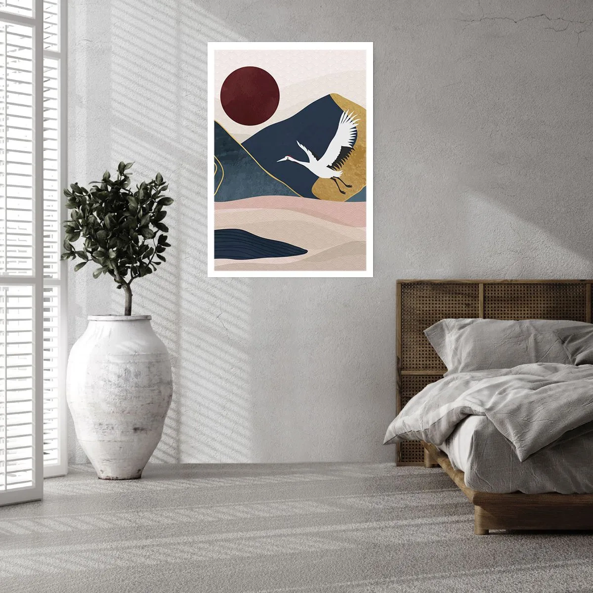 Affiche - Poster - Graphique minimaliste avec une grue et un paysage de montagne - 50x70cm - Encore une fois, la journée s'est ÉCOULÉE - Décoration murale moderne pour le salon et la chambre ARTTOR