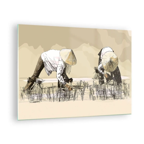 Impression sur verre - Image sur verre - Une illustration minimaliste d'agriculteurs travaillant - 70x50cm - Récolte réussie - Décoration murale moderne pour le salon et la chambre ARTTOR