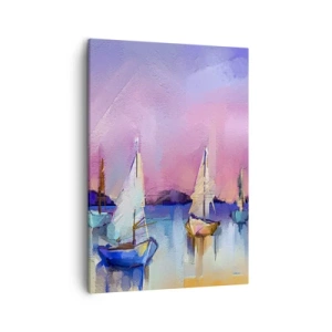 Impression sur toile - Image sur toile - Voiliers sur une mer calme aux couleurs pastel du coucher de soleil - 50x70cm - Direction: les eaux larges - Décoration murale moderne pour le salon et la chambre ARTTOR