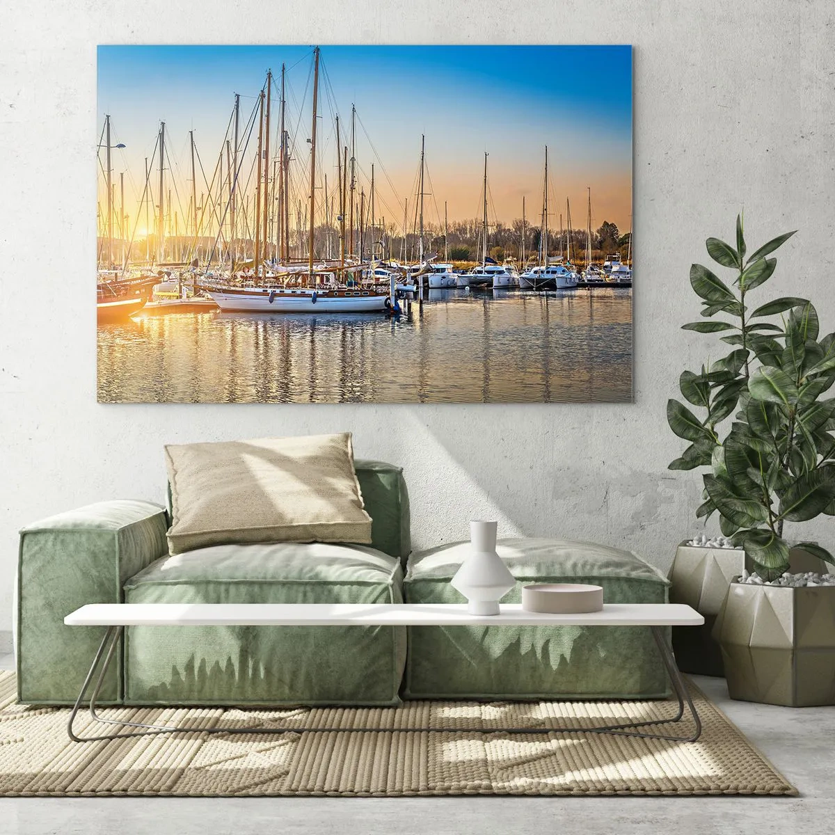 Impression sur verre - Image sur verre - Une marina pleine de voiliers à la lumière du soleil couchant - 120x80cm - Le vent aussi doit dormir - Décoration murale moderne pour le salon et la chambre ARTTOR