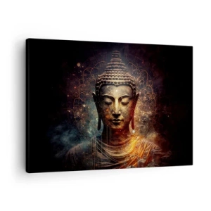 Impression sur toile - Image sur toile - Bouddha doré sur fond sombre avec ornements - 70x50cm - Équilibre spirituel - Décoration murale moderne pour le salon et la chambre ARTTOR