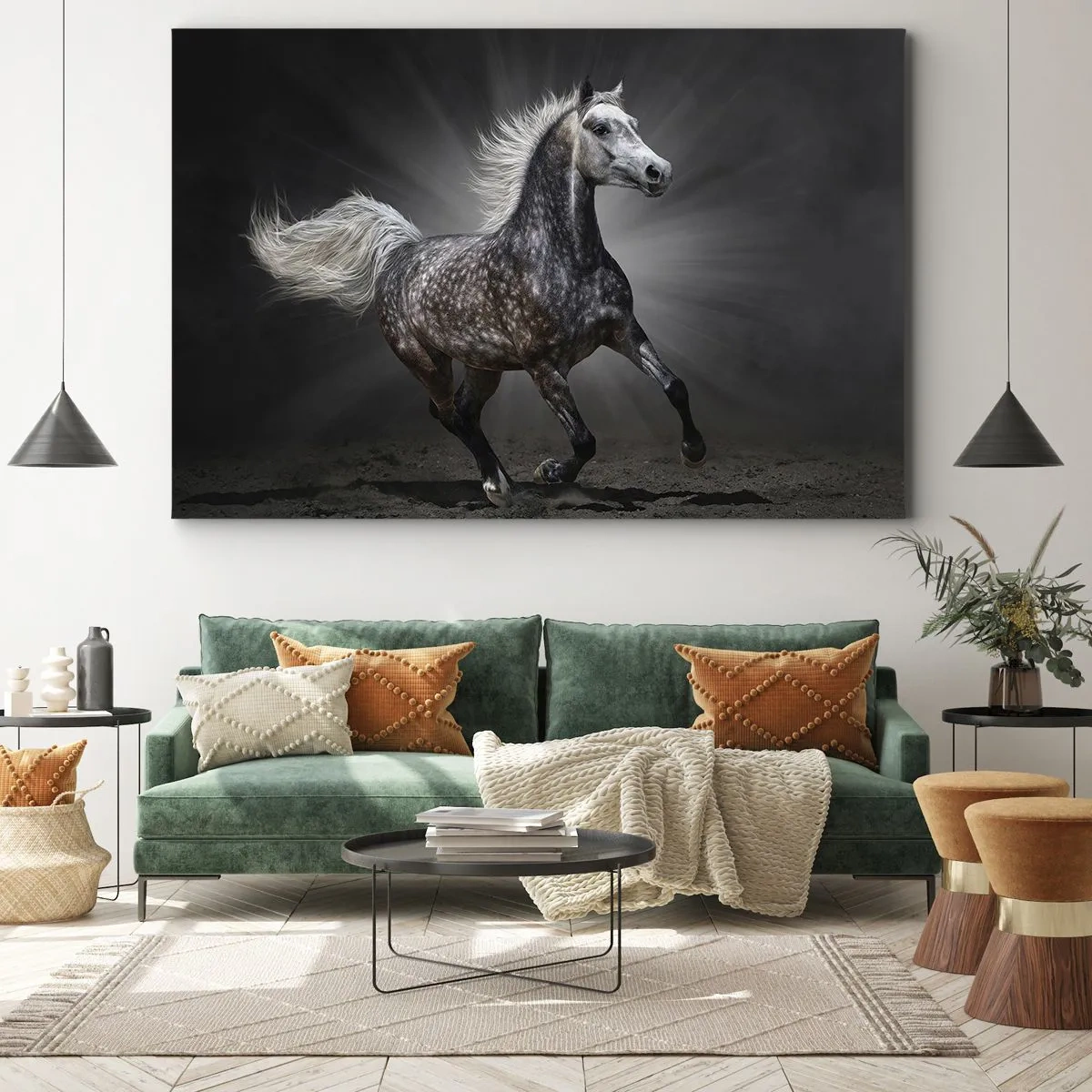 Impression sur toile - Image sur toile - Un cheval blanc galopant sur un fond sombre - 70x50cm - Le gris est beau - Décoration murale moderne pour le salon et la chambre ARTTOR