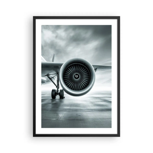 Affiche dans un cadre noir - Poster - Un moteur à réaction d'avion aux tons monochromes - 50x70cm - Sent la force! - Décoration murale moderne pour le salon et la chambre ARTTOR