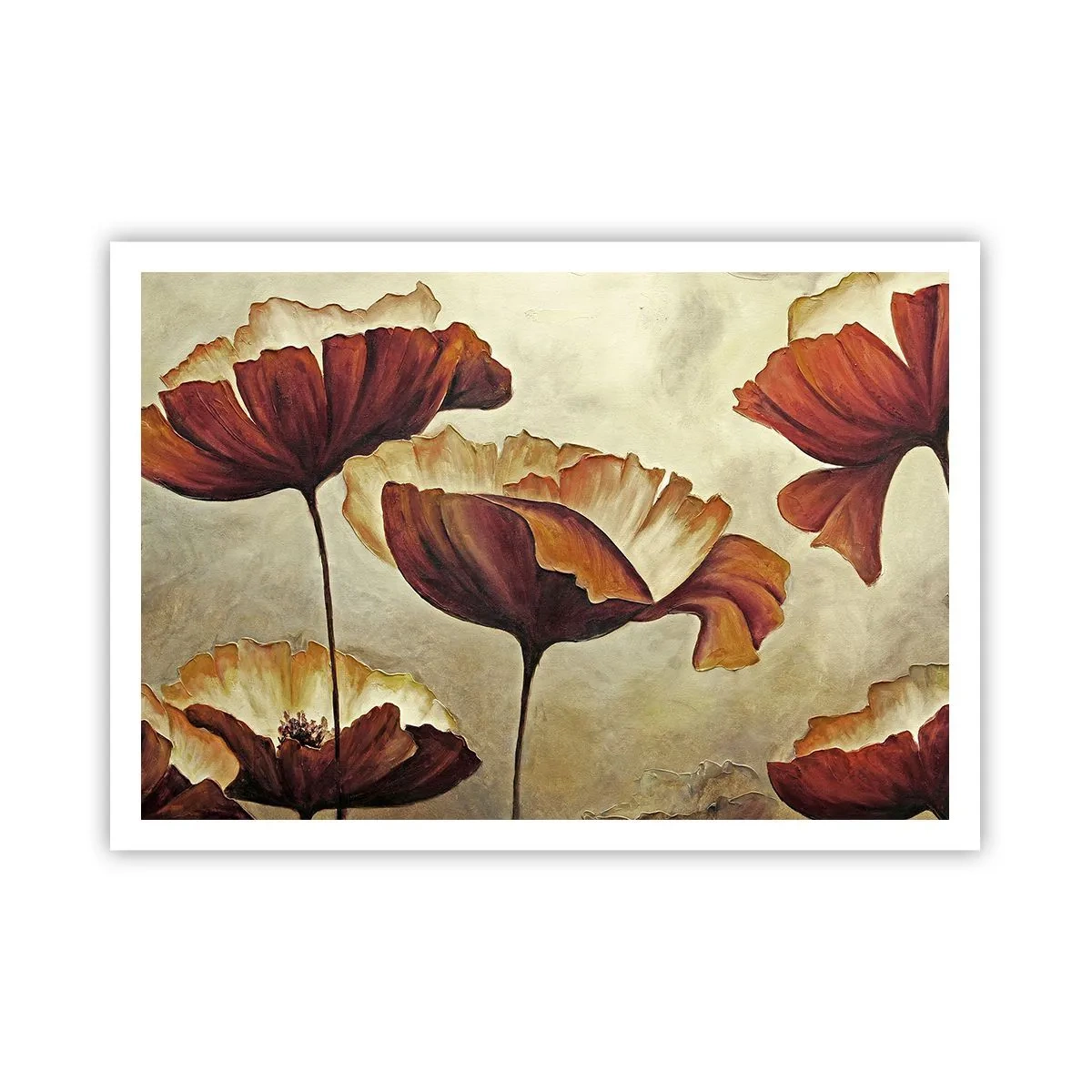 Affiche - Poster - Fleurs subtiles dans des tons de rouge et d'or sur un fond clair - 100x70cm - À la lisière des champs - Décoration murale moderne pour le salon et la chambre ARTTOR
