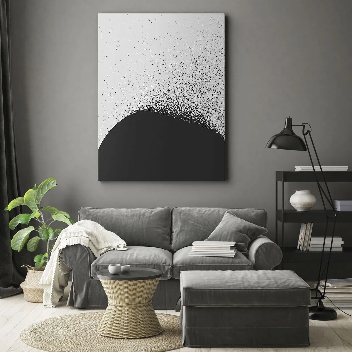 Impression sur toile - Image sur toile - Motif abstrait avec des particules noires sur un fond clair - 80x120cm - Mouvement des molécules - Décoration murale moderne pour le salon et la chambre ARTTOR