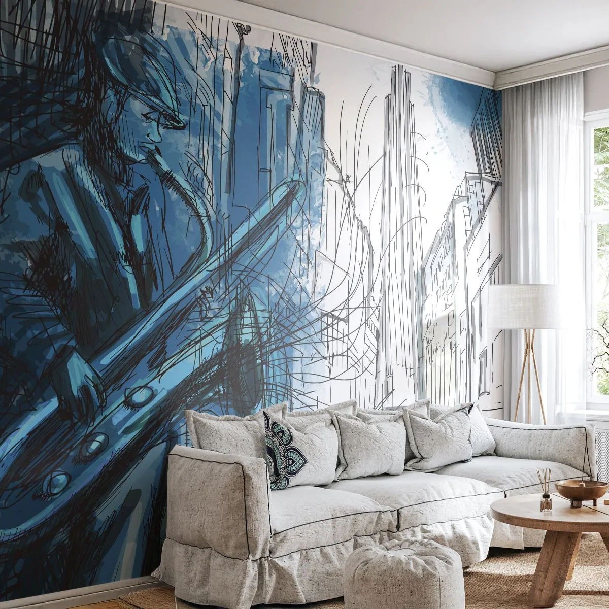 Papier Peint Autocollant Deluxe Sticker - Rhapsodie urbaine - Saxophone, le jazz, Musique - 350x256 cm