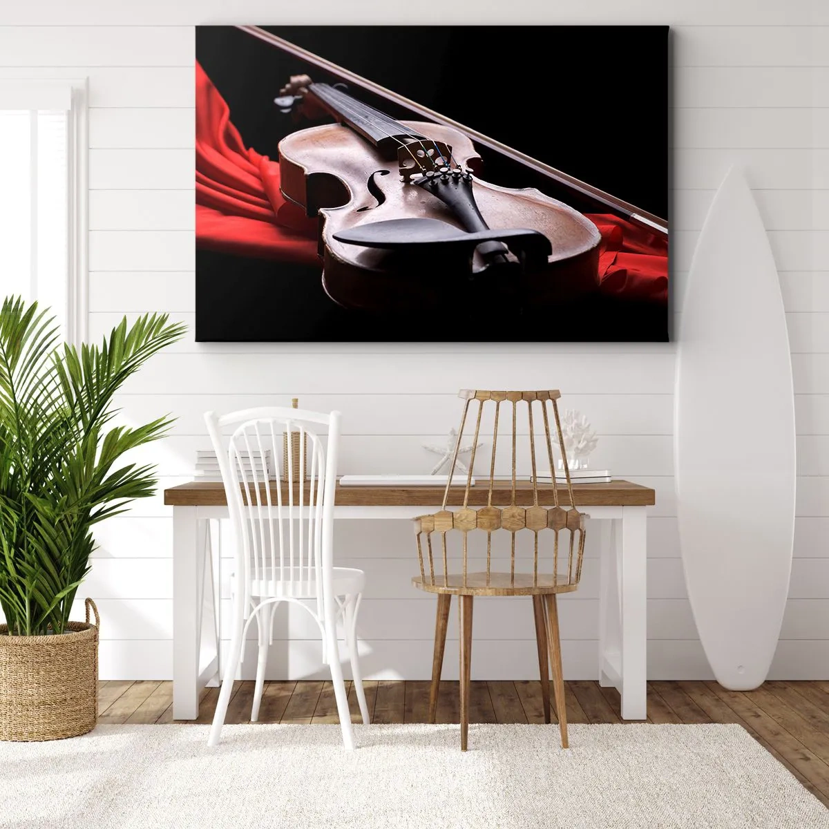 Impression sur toile - Image sur toile - Violon sur tissu rouge avec fond noir - 100x70cm - Musique des sentiments - Décoration murale moderne pour le salon et la chambre ARTTOR