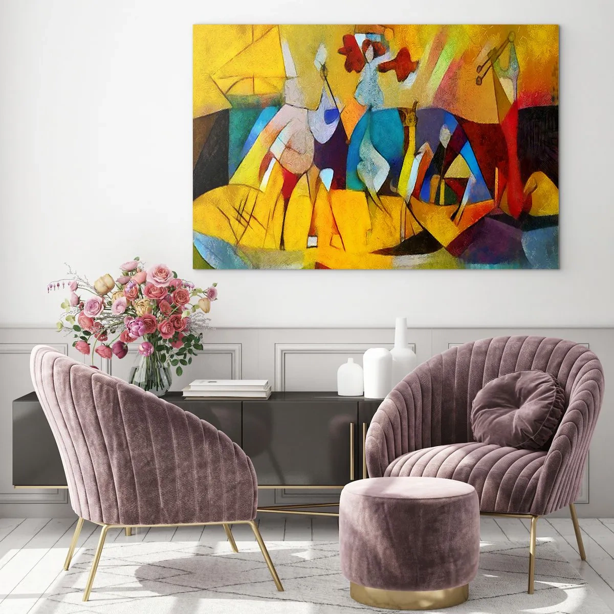 Impression sur verre - Image sur verre - Abstraction colorée avec des figures et des formes géométriques - 70x50cm - Soleil - vie - joie - Décoration murale moderne pour le salon et la chambre ARTTOR