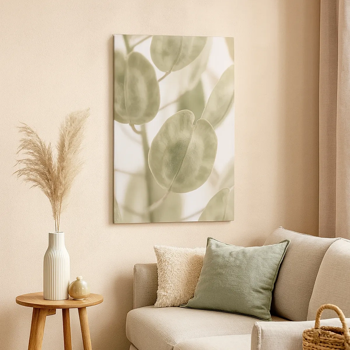 Impression sur toile - Image sur toile - Une peinture délicate de feuilles dans des tons pastel de vert sur un fond clair. - 50x70cm - Au commencement il y avait des feuilles... - Décoration murale moderne pour le salon et la chambre ARTTOR