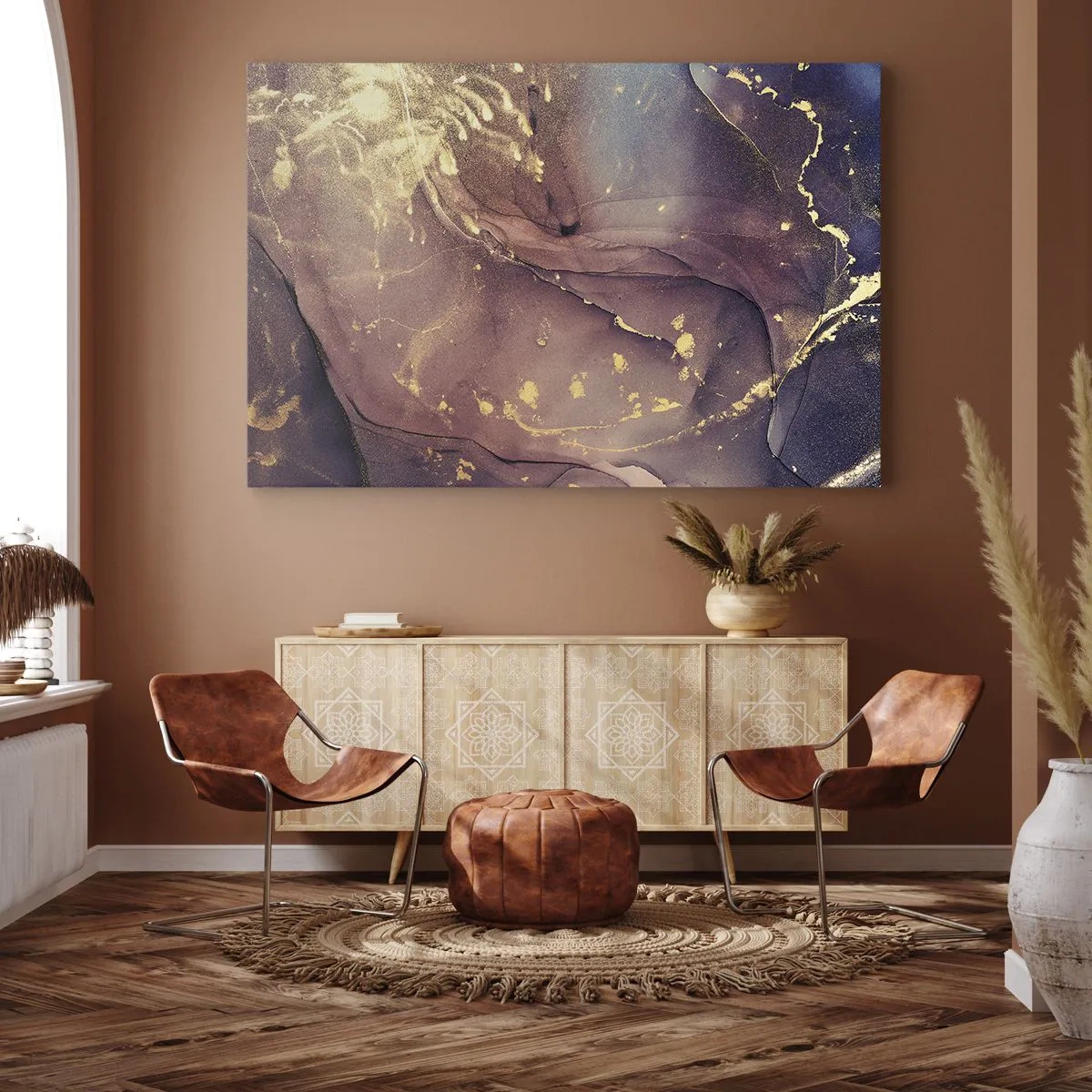 Impression sur toile - Image sur toile - Composition abstraite aux nuances d'or et de violet - 70x50cm - Matière et esprit - Décoration murale moderne pour le salon et la chambre ARTTOR