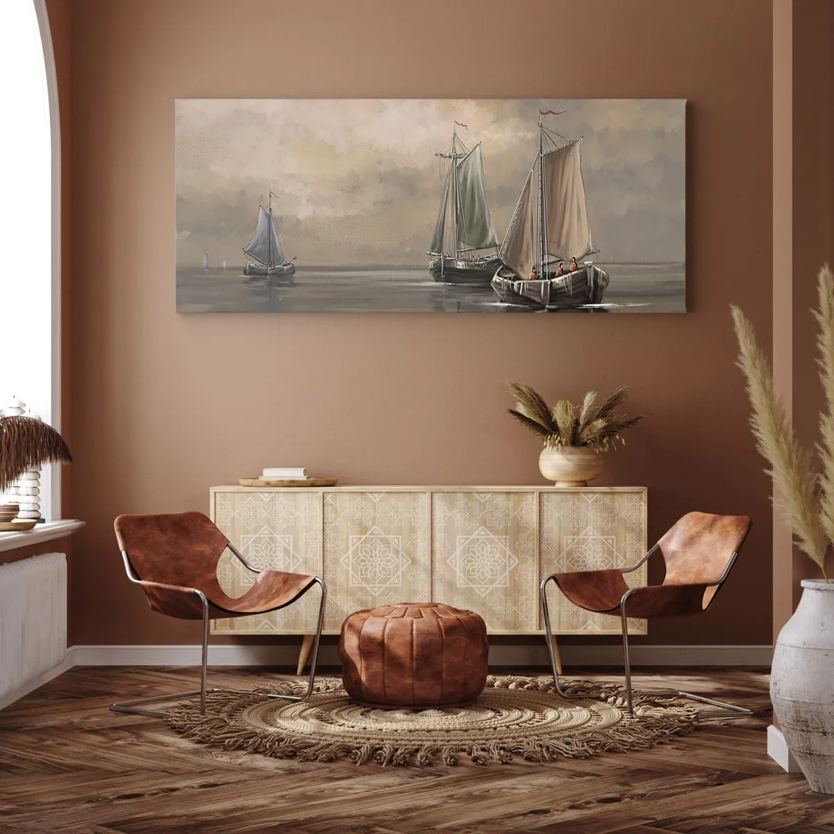 Impression sur toile - Image sur toile - Voiliers sur une mer calme dans un décor pastel - 120x50cm - Le retour des marins - Décoration murale moderne pour le salon et la chambre ARTTOR