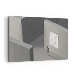 Impression sur toile - Image sur toile - Une figure dans un labyrinthe regardant une carte suspendue - 120x80cm - Mais où suis-je? - Décoration murale moderne pour le salon et la chambre ARTTOR