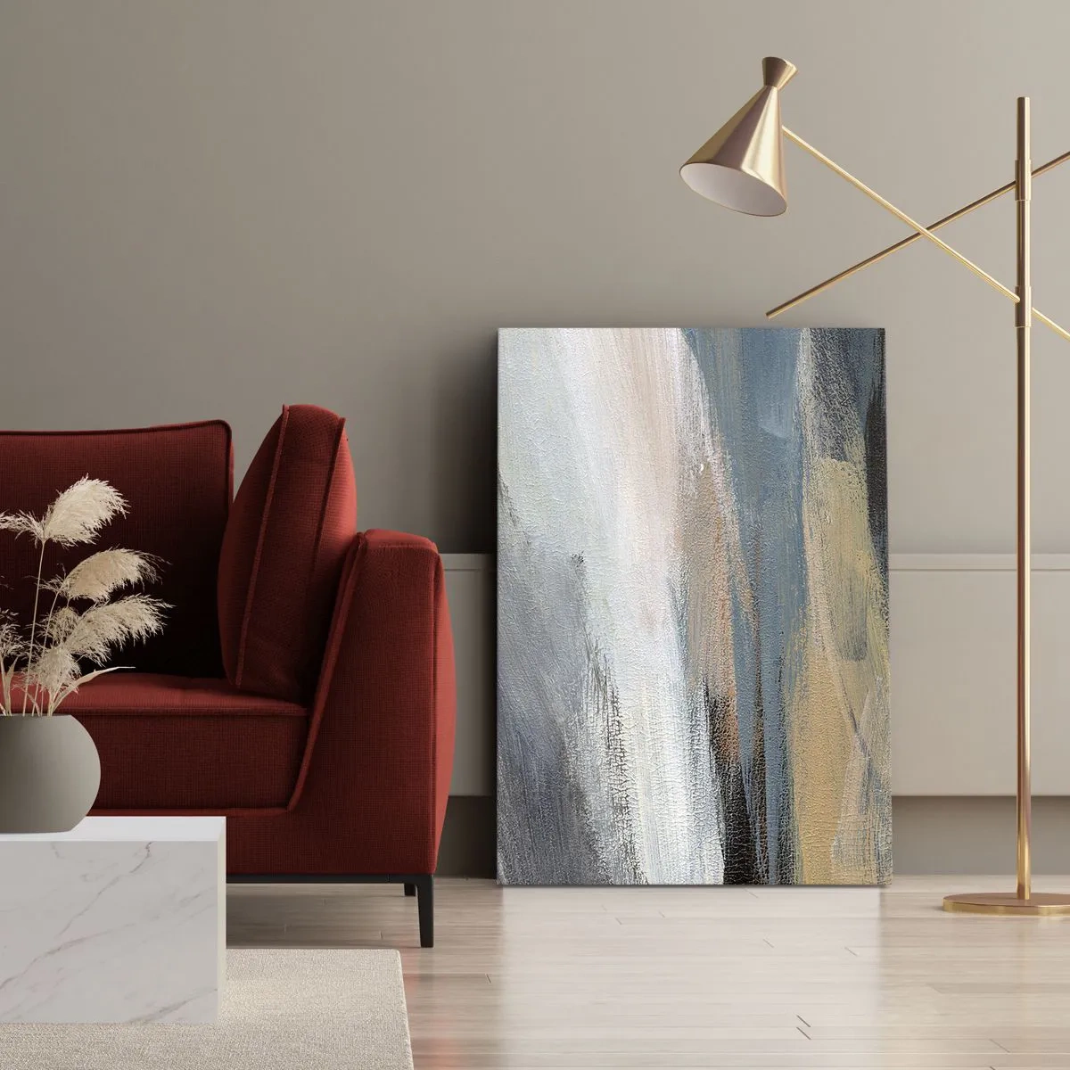 Impression sur toile - Image sur toile - Paysage abstrait dans des tons sobres de bleu et de beige - 50x70cm - Abstraction : paysage nordique - Décoration murale moderne pour le salon et la chambre ARTTOR