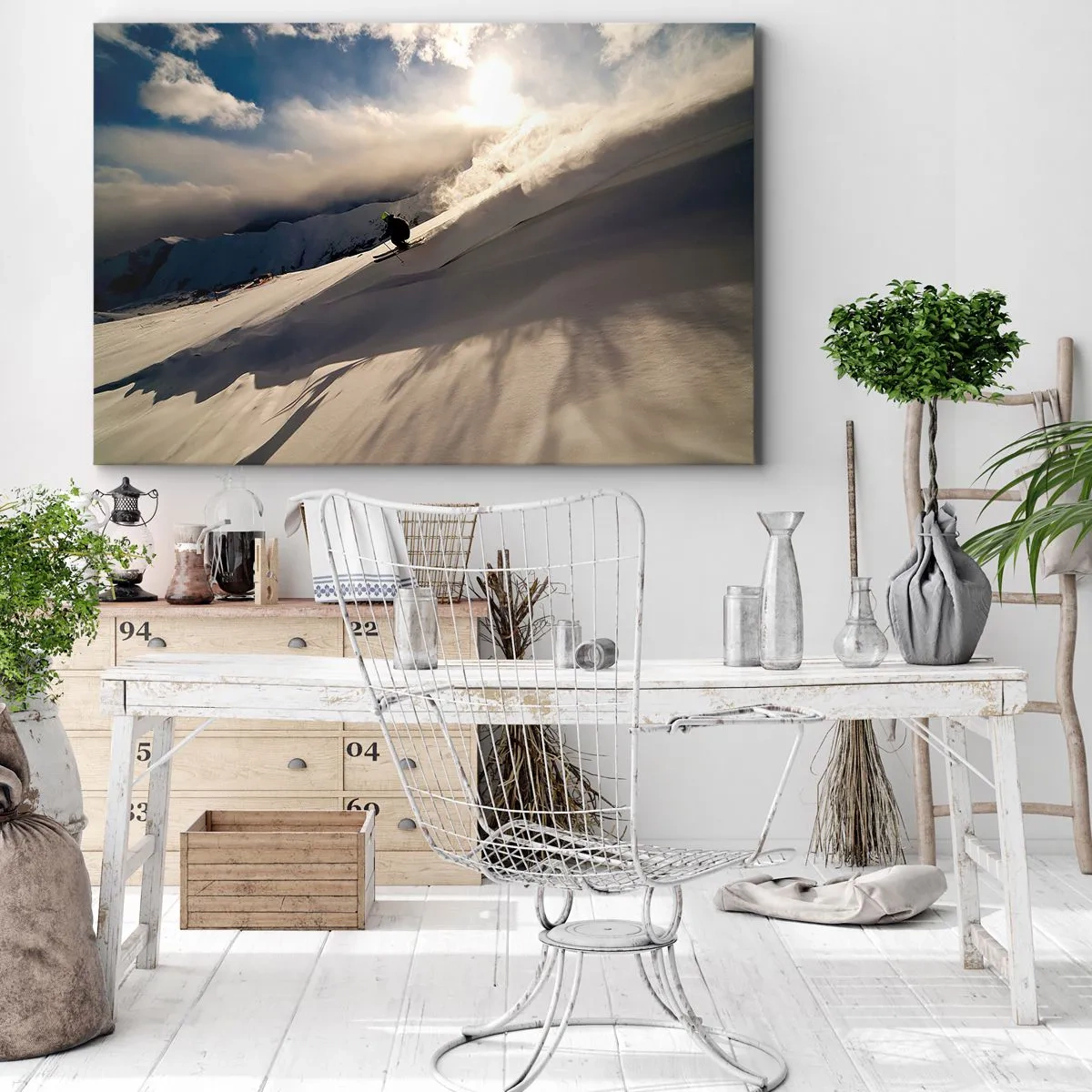 Impression sur toile - Image sur toile - Un skieur sur une piste entourée de montagnes et de neige - 70x50cm - Défi montagne accepté - Décoration murale moderne pour le salon et la chambre ARTTOR