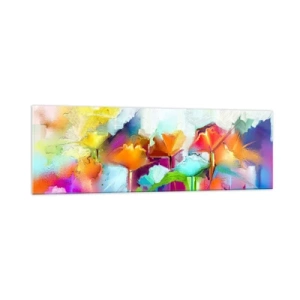Impression sur verre - Image sur verre - Fleurs colorées abstraites sur fond clair - 160x50cm - L'arc-en-ciel s'est épanoui - Décoration murale moderne pour le salon et la chambre ARTTOR
