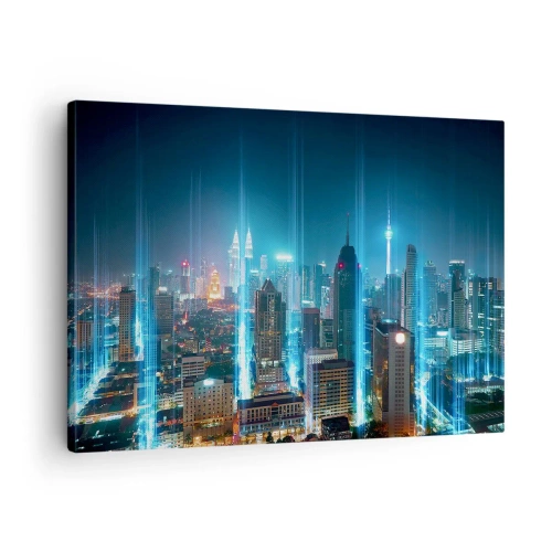 Impression sur toile - Image sur toile - Une ville moderne la nuit avec des accents d'éclairage futuristes. - 70x50cm - À Berlin au paradis - Décoration murale moderne pour le salon et la chambre ARTTOR
