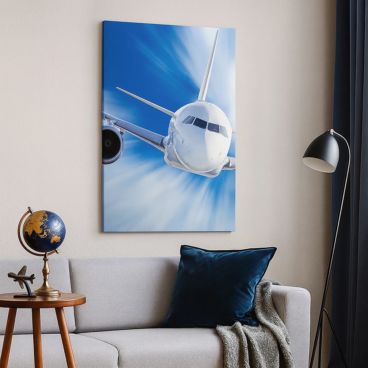 Impression sur toile - Image sur toile - Un avion de ligne en mouvement dans le ciel - 50x70cm - Plus vite que le vent dans le ciel - Décoration murale moderne pour le salon et la chambre ARTTOR
