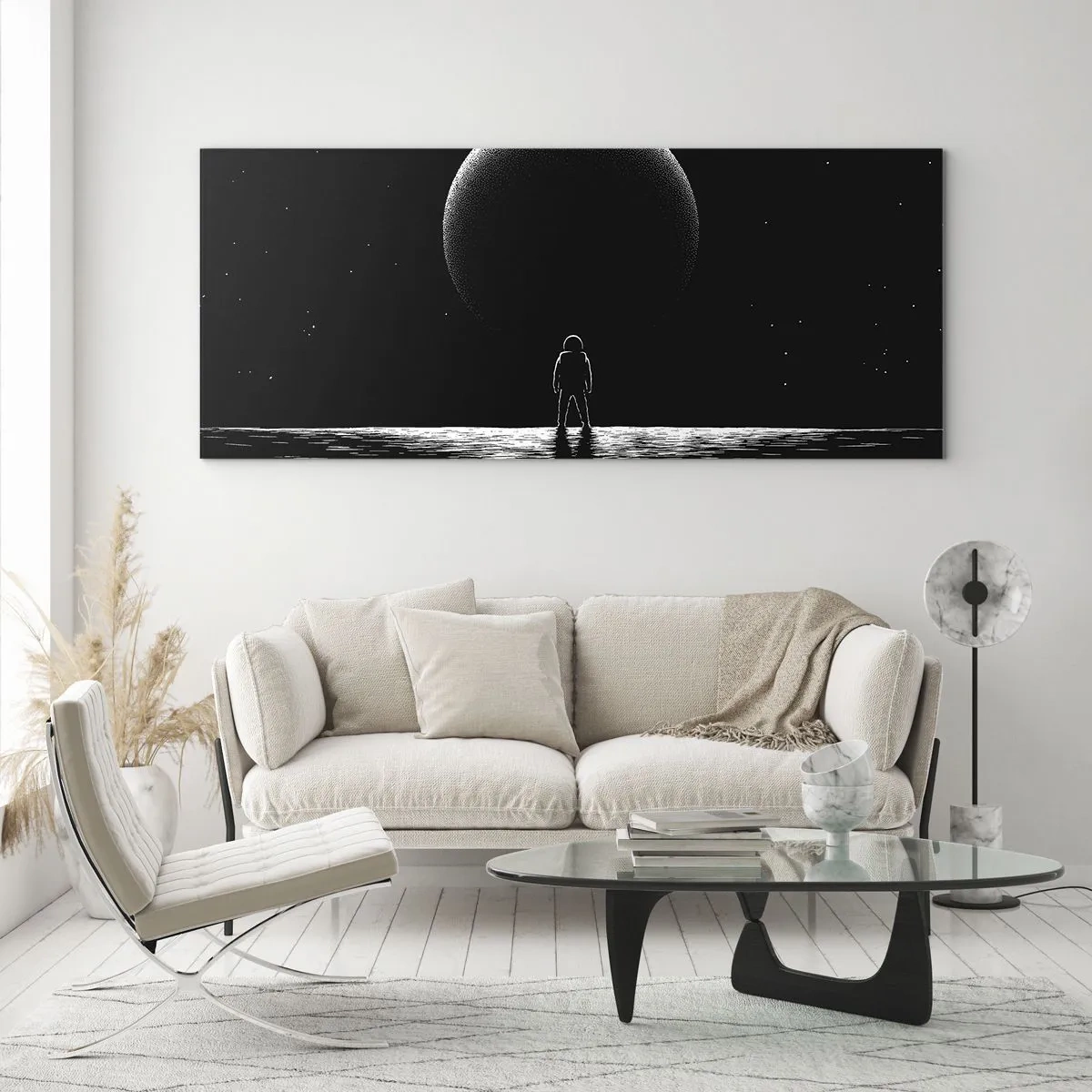 Impression sur verre - Image sur verre - Un astronaute avec en arrière-plan une grande planète dans l'espace - 120x50cm - Face à face - Décoration murale moderne pour le salon et la chambre ARTTOR