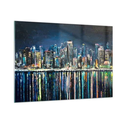 Impression sur verre - Image sur verre - Panorama de la ville la nuit avec les lumières se reflétant dans l'eau - 100x70cm - Cascade de lumières - Décoration murale moderne pour le salon et la chambre ARTTOR