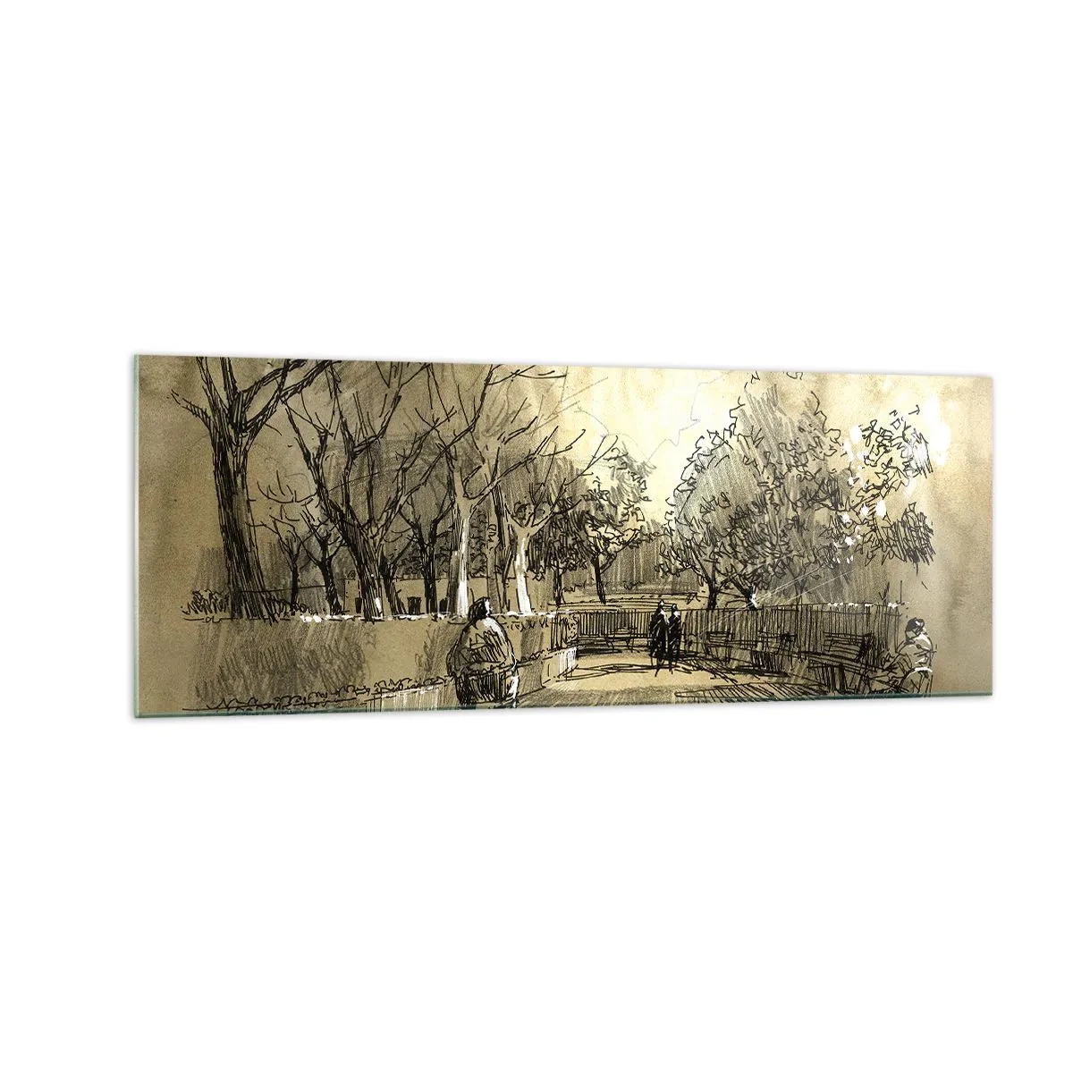 Impression sur verre - Image sur verre - Une scène de dessin animé d'un parc avec des gens marchant dans des tons chauds. - 140x50cm - Un moment arrêté avec une plume - Décoration murale moderne pour le salon et la chambre ARTTOR