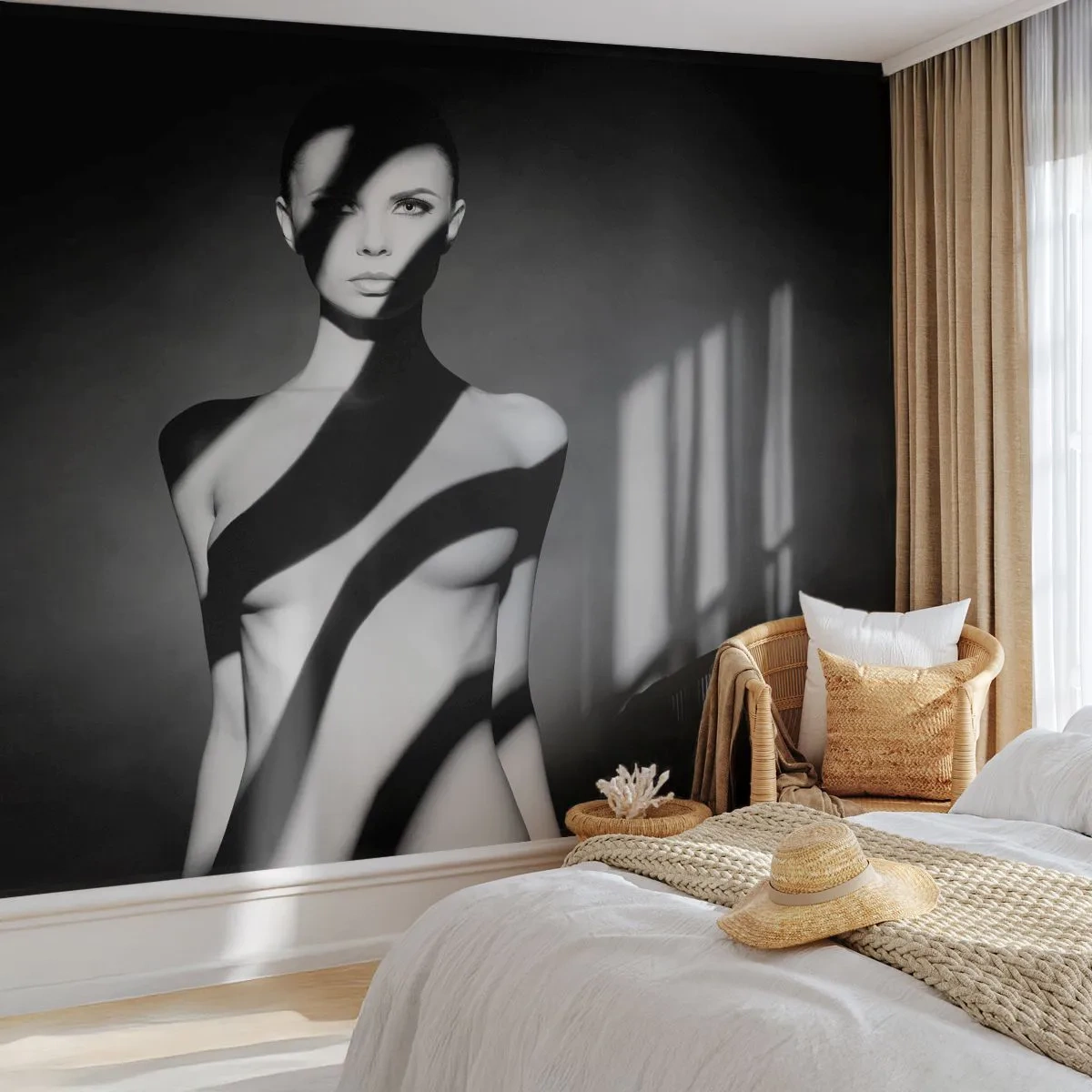 Papier Peint Photo Premium Sand - Silhouette noire et blanche avec jeu d'ombres - 100x70cm - Dans la brillance et l'ombre - Décoration murale moderne pour le salon et la chambre ARTTOR