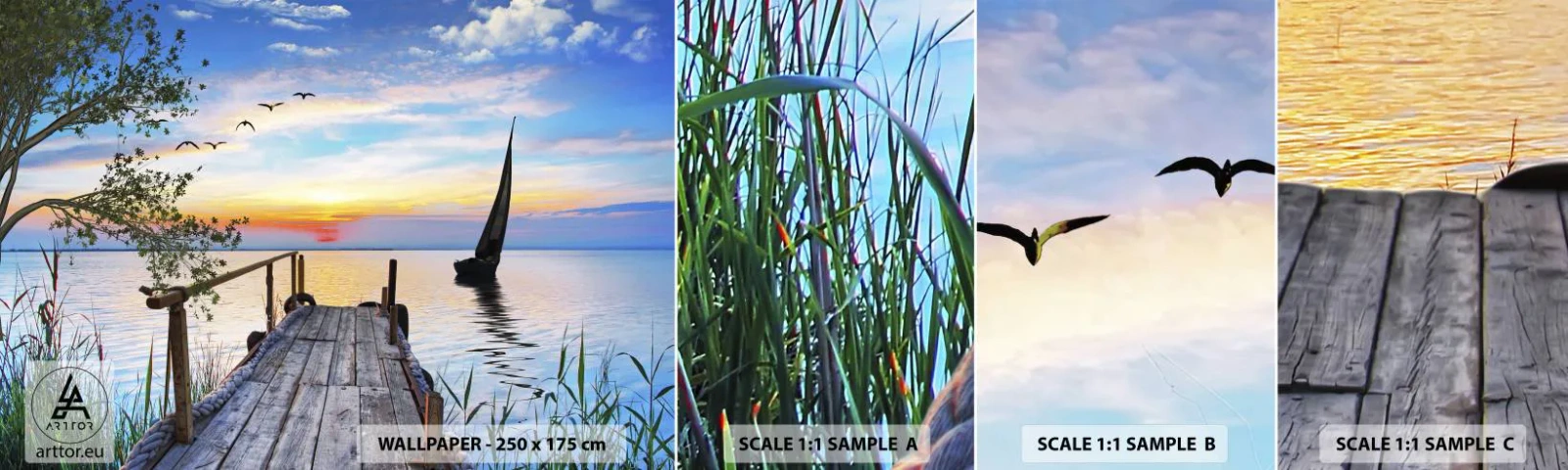 Échantillon de Papier Peint Autocollant Deluxe Sticker - Bonsoir! - Paysage, Lac, Pont de bois - 100x30 cm