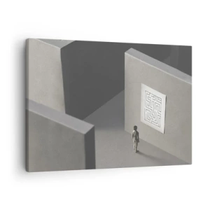 Impression sur toile - Image sur toile - Une figure dans un labyrinthe regardant une carte suspendue - 70x50cm - Mais où suis-je? - Décoration murale moderne pour le salon et la chambre ARTTOR