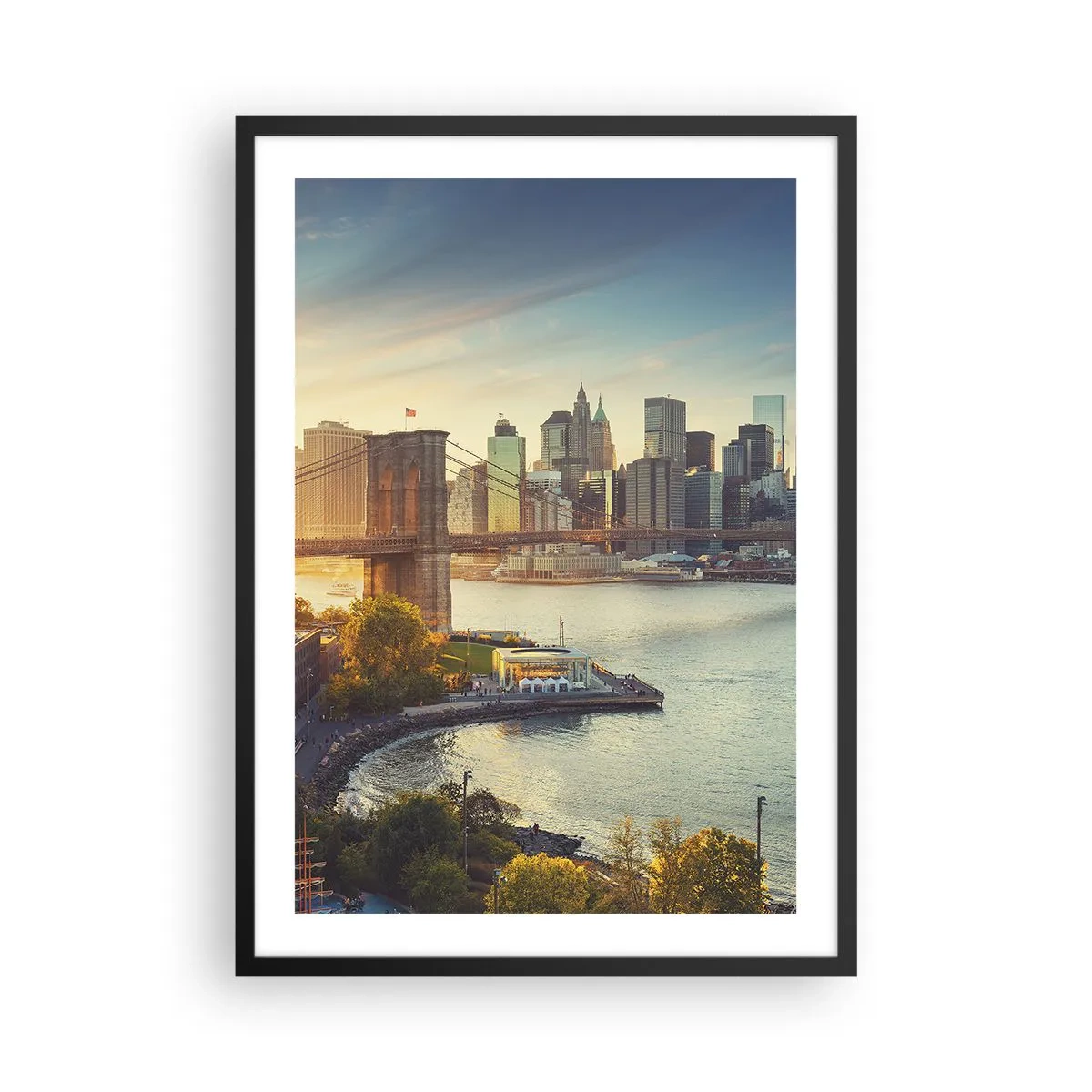 Affiche dans un cadre noir - Poster - Le pont de Brooklyn et les toits de Manhattan au crépuscule - 50x70cm - L'aube de la grande ville - Décoration murale moderne pour le salon et la chambre ARTTOR