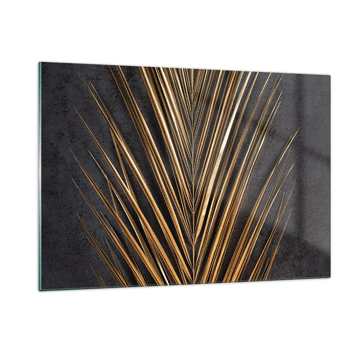 Impression sur verre - Image sur verre - Feuille de palmier dorée sur fond sombre - 120x80cm - L'or des tropiques - Décoration murale moderne pour le salon et la chambre ARTTOR