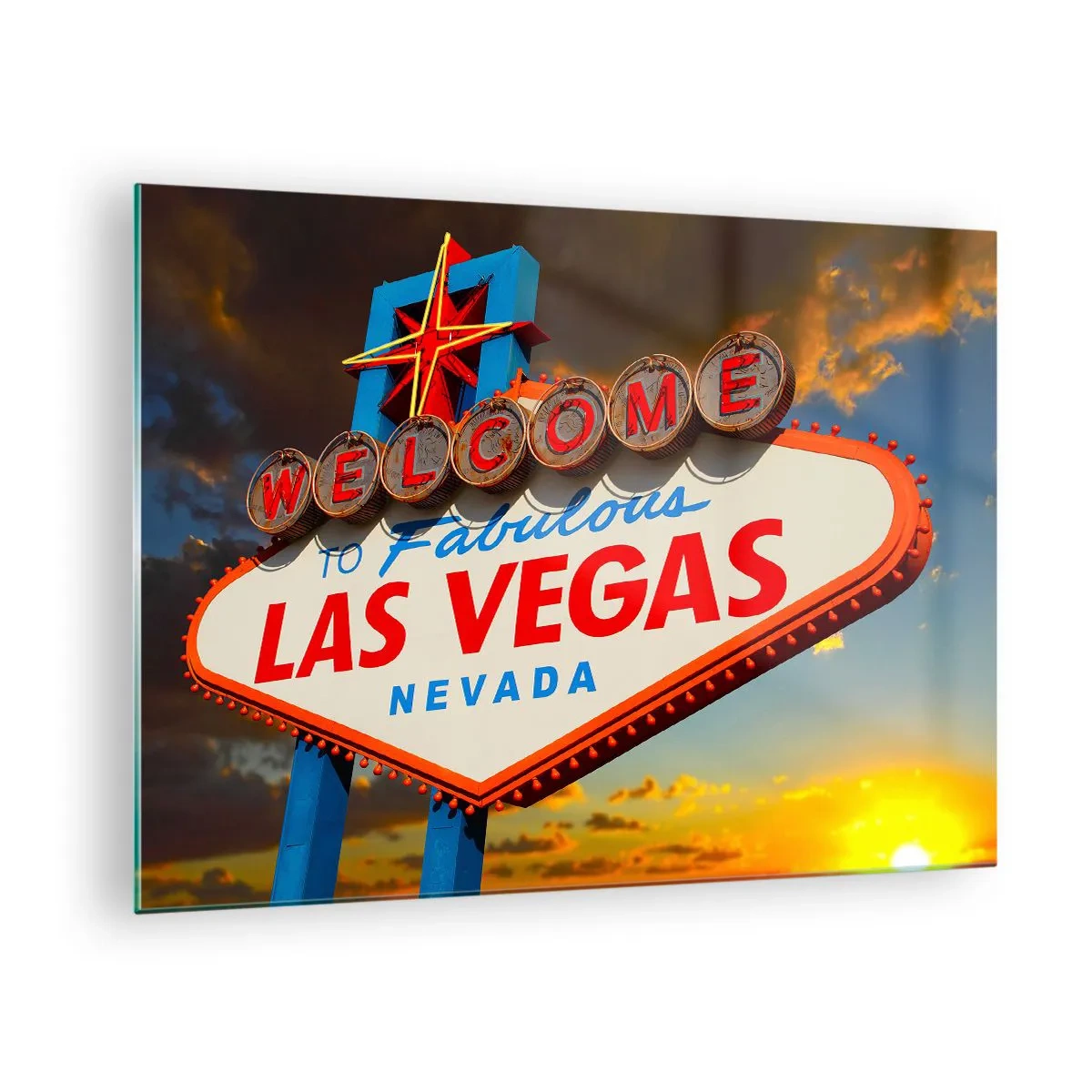 Impression sur verre - Image sur verre - Panneau de bienvenue à Las Vegas contre le soleil couchant - 70x50cm - Après un sourire du destin - Décoration murale moderne pour le salon et la chambre ARTTOR