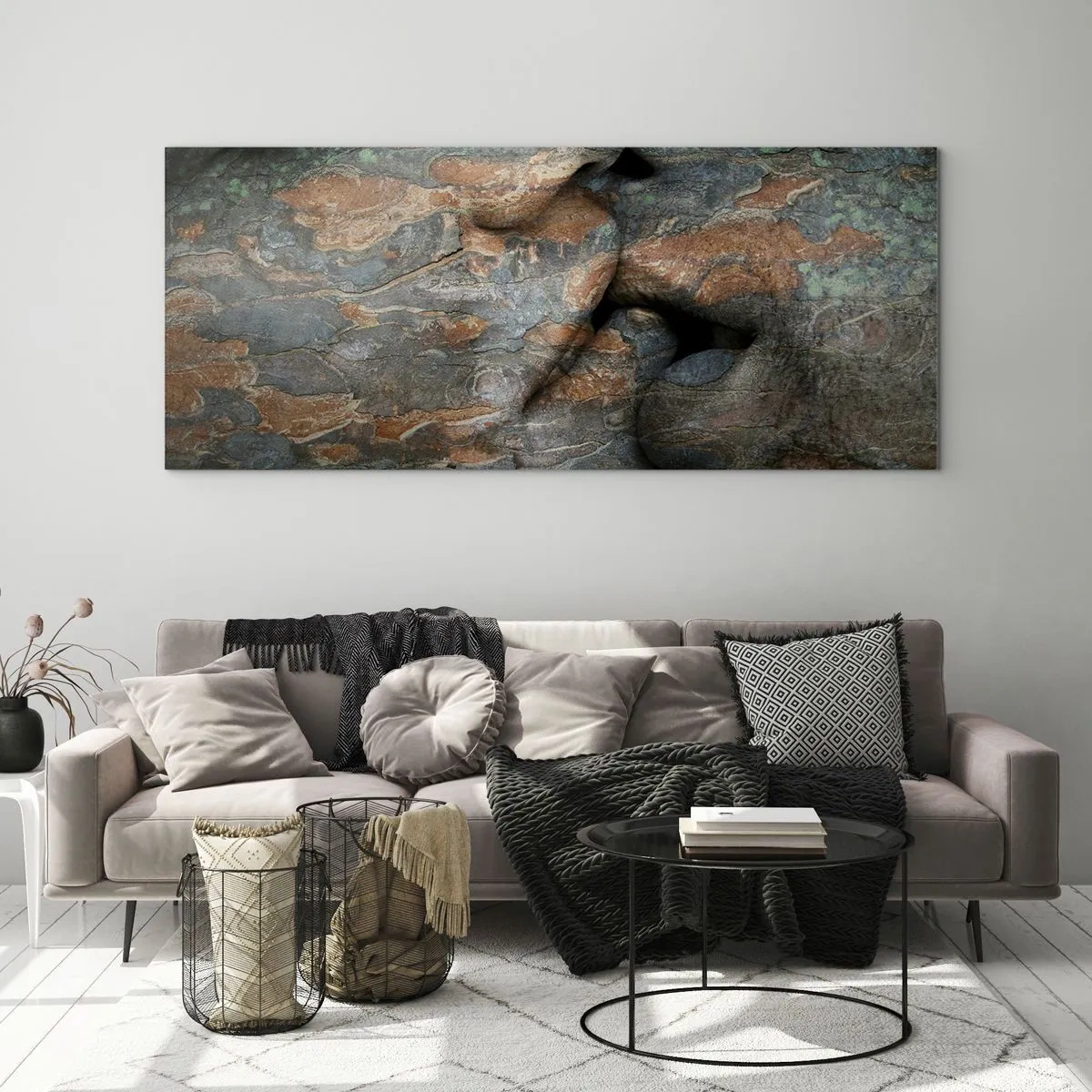 Impression sur verre - Image sur verre - Un motif artistique d'un visage sculpté dans la roche avec un effet de texture naturelle. - 140x50cm - Ensemble pour toujours - Décoration murale moderne pour le salon et la chambre ARTTOR