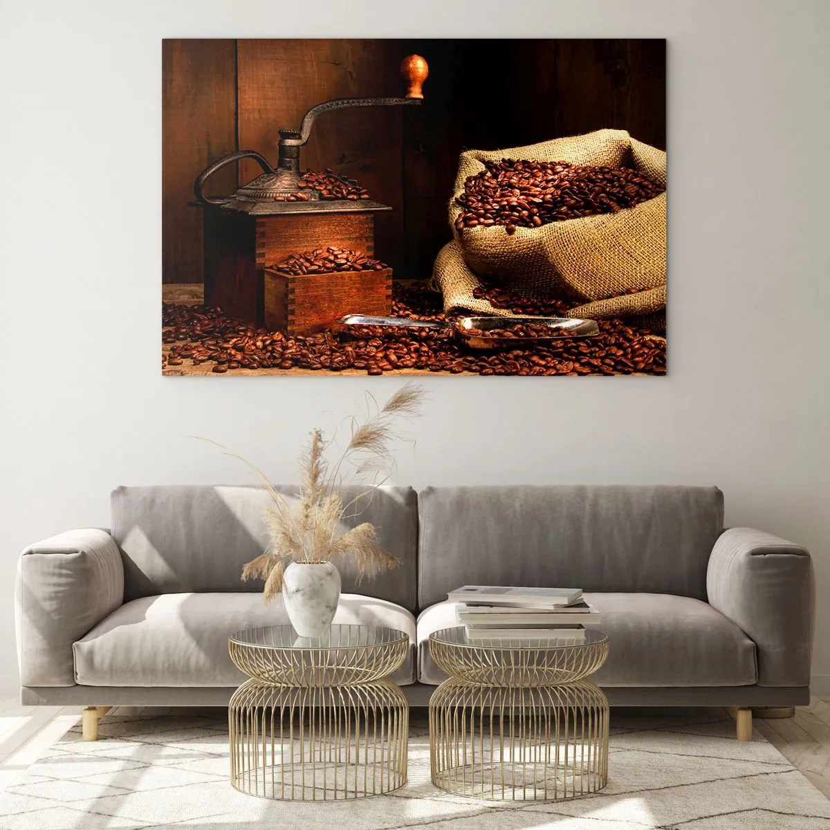 Impression sur verre - Image sur verre - Un vieux moulin à café avec des grains et un sac de café - 120x80cm - Nature morte avec grains de café et moulin - Décoration murale moderne pour le salon et la chambre ARTTOR