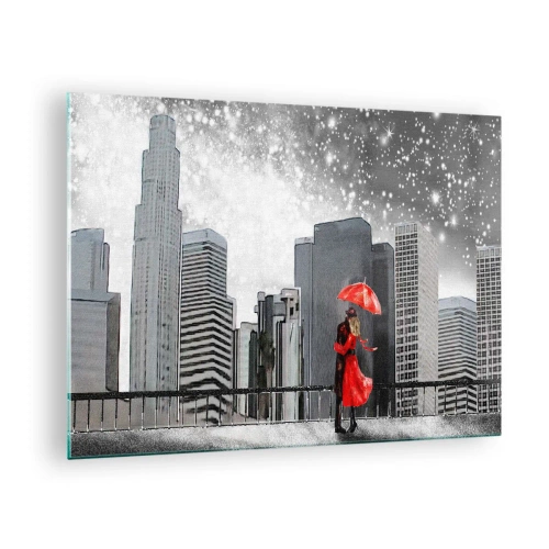 Impression sur verre - Image sur verre - Un couple avec un parapluie rouge debout devant un paysage urbain la nuit - 70x50cm - L'homme n'est pas une pierre - Décoration murale moderne pour le salon et la chambre ARTTOR
